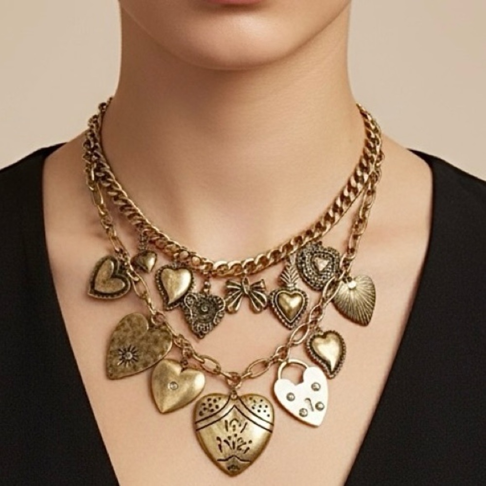 Vintage Style Multi Heart Charm Necklace | Layered Statement‎ Chain